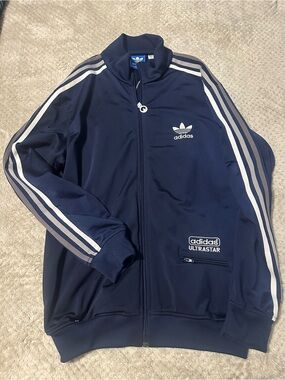 adidas Navy Ultrastar Full-Zip Track Jacket with White Stripes